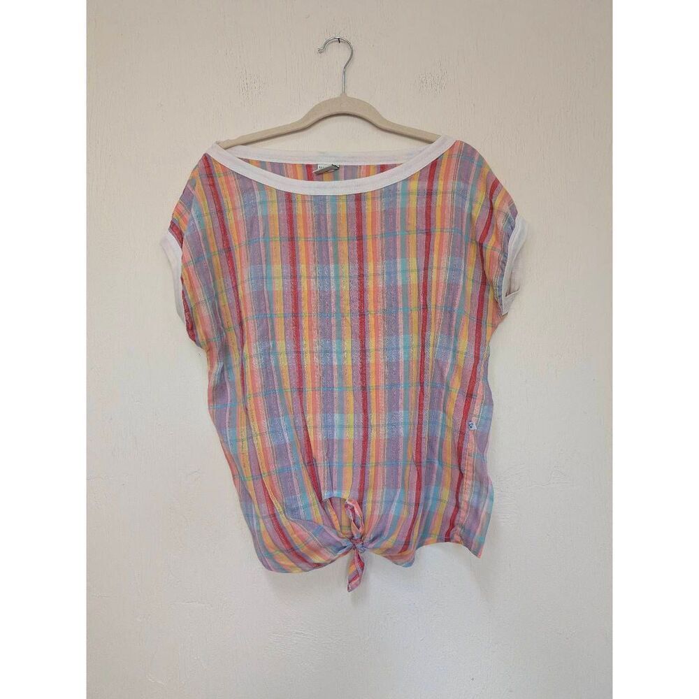 Vintage Wrangler Womens Plaid Tie Front Short Sleeve T-Shirt Multicolor Sz Large